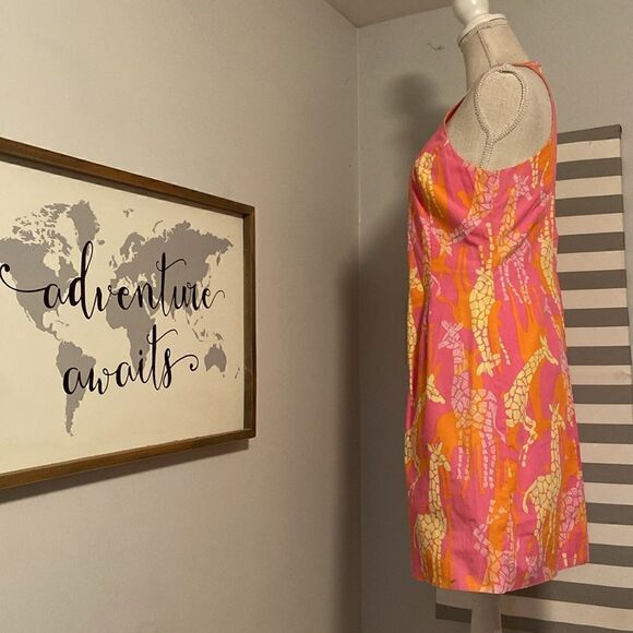 Lilly Pulitzer Pink & Orange Bella Giraffe Lace Inset Yoke Neck Mini Dress Sz 4 - Picture 4 of 9